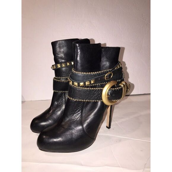 Dolce Vita Leather Braxton Booties Buckle Strappy High Heel Size 8.5 Black Gold - Picture 4 of 10